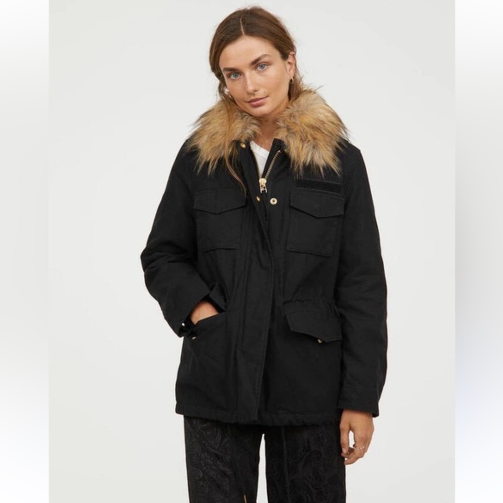 H&M Black Utility Parka Jacket with Fur Trim NWT